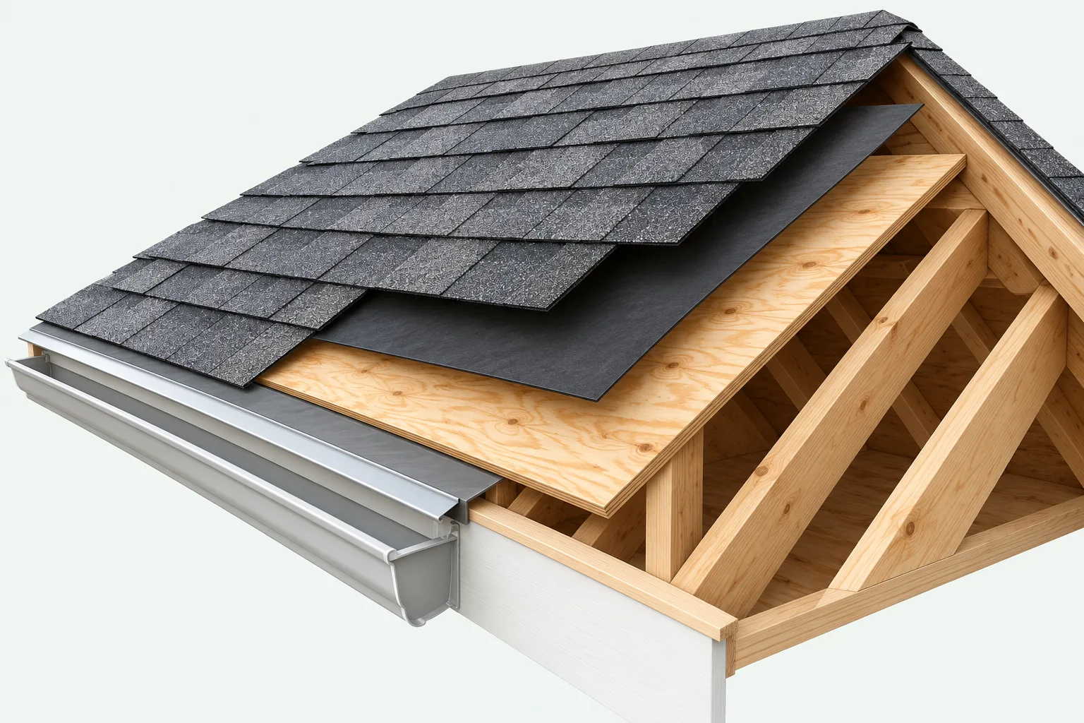 Exploded illustration of shingles, underlayment and wood roof decking above rafters