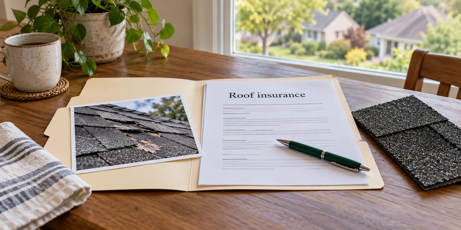 Illustrative roof insurance document beside a roof photograph and shingle sample