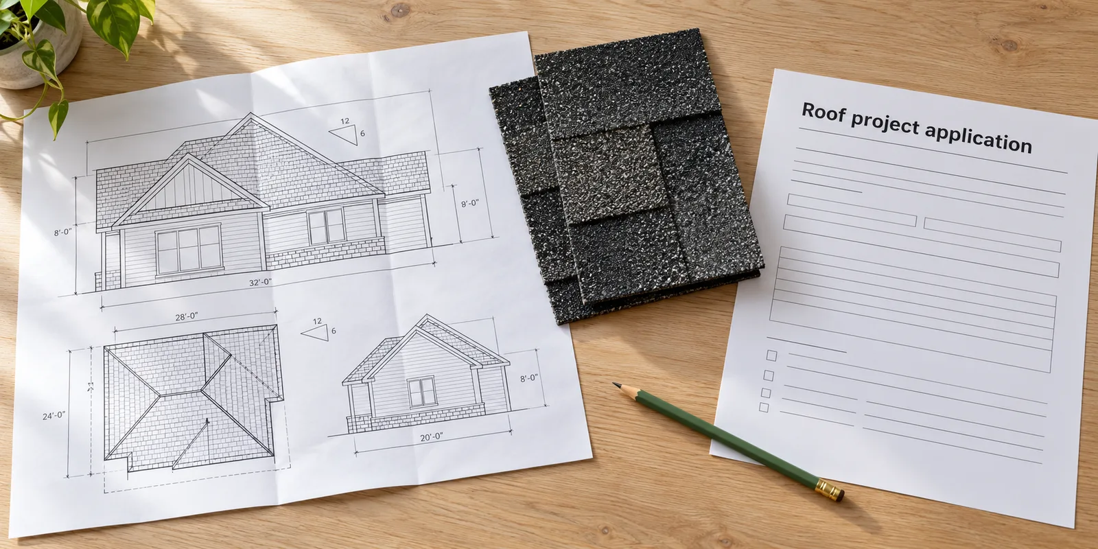 Illustrative roof project application, house drawings and a shingle sample