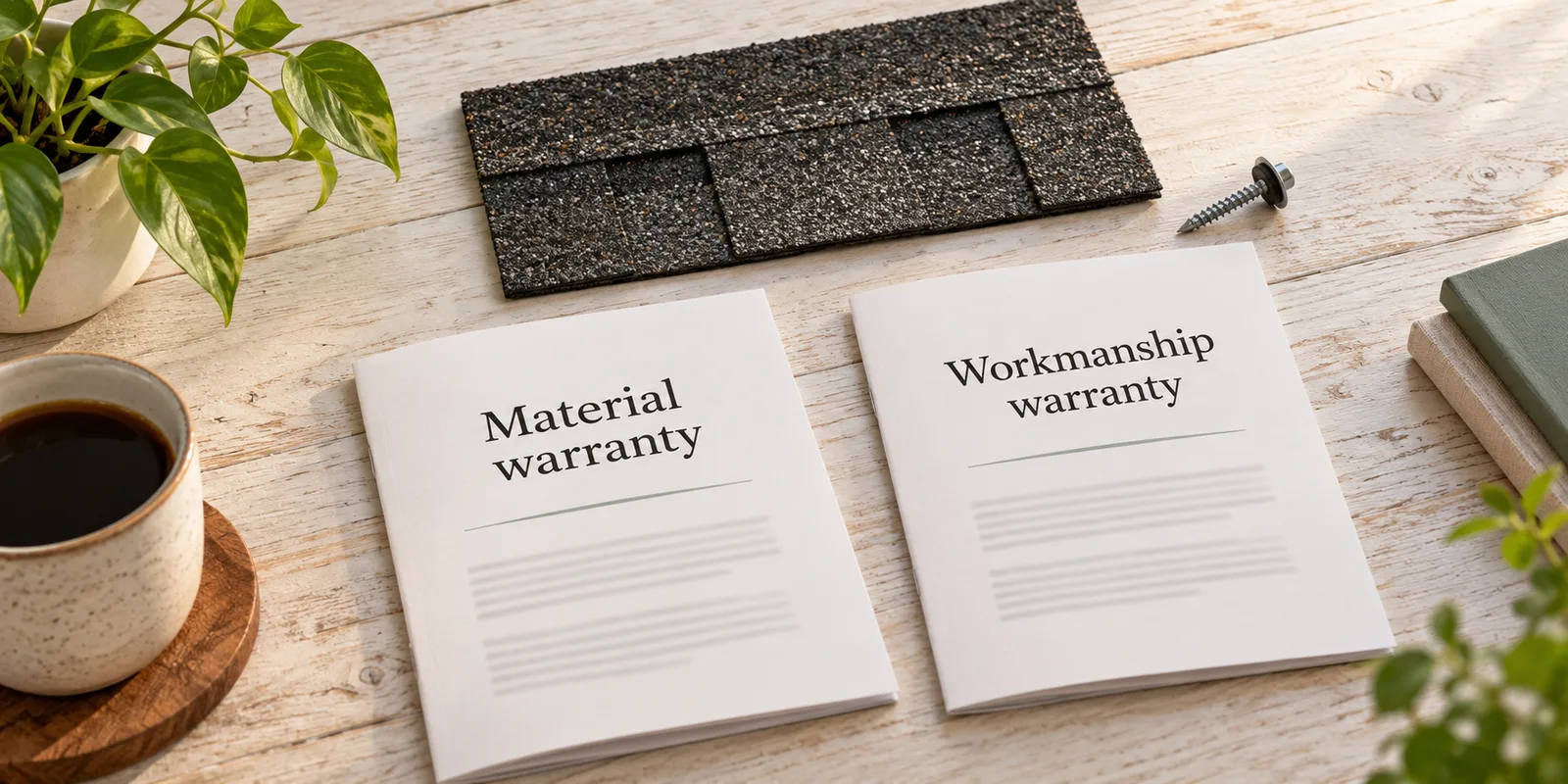 Illustrative material and workmanship warranty booklets beside a shingle sample
